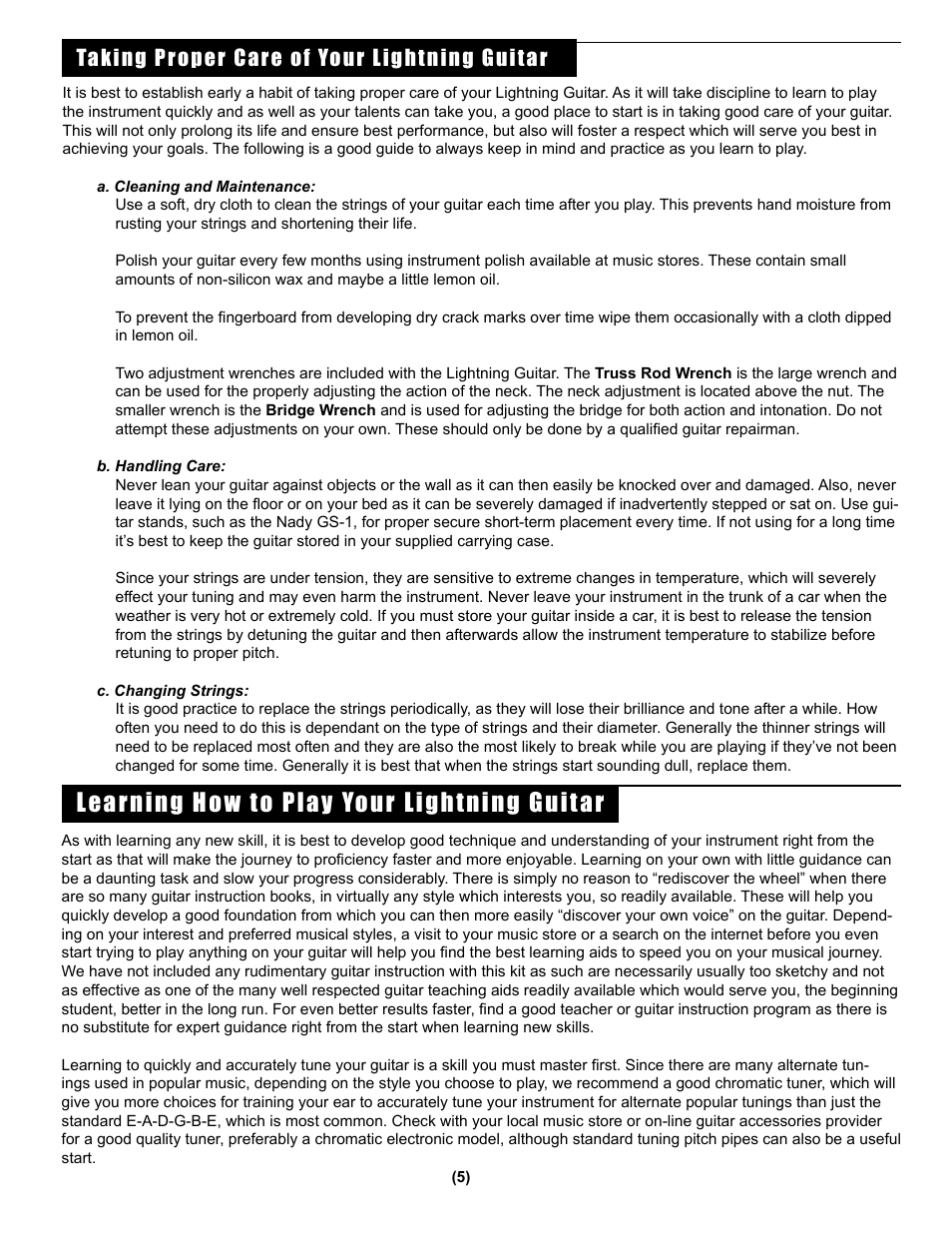 Learning how to play your lightning guitar, Taking proper care of your lightning guitar | Nady Systems Wireless Guitar Kit User Manual | Page 5 / 8