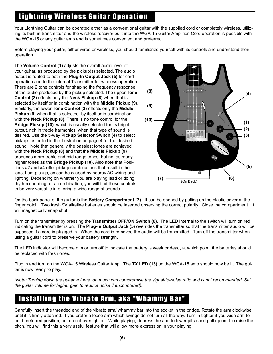 Lightning wireless guitar operation, Installling the vibrato arm, aka “whammy bar | Nady Systems Wireless Guitar Kit User Manual | Page 6 / 8