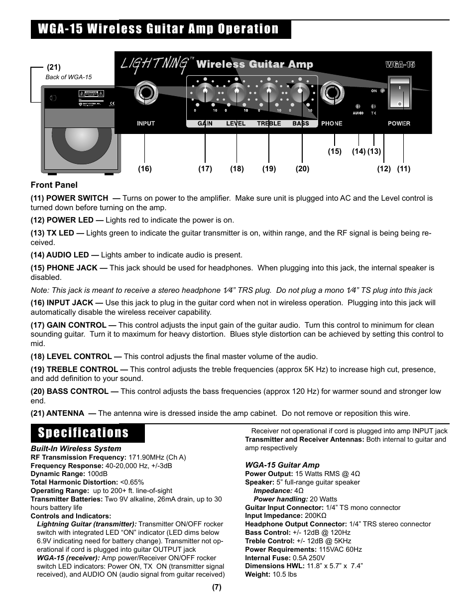 Wga-15 wireless guitar amp operation, Specifications | Nady Systems Wireless Guitar Kit User Manual | Page 7 / 8