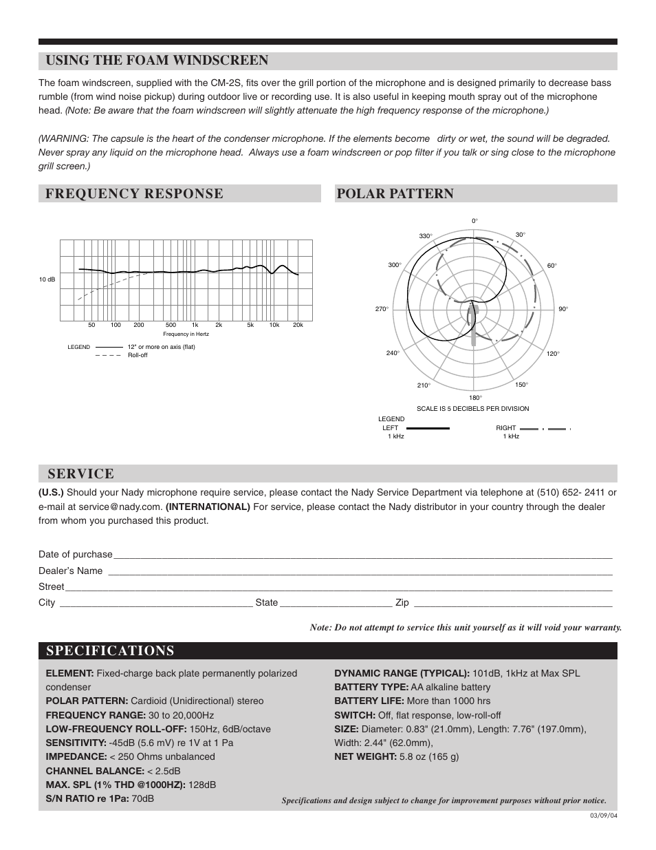 Service, Frequency response, Specifications using the foam windscreen | Polar pattern | Nady Systems CM-2S User Manual | Page 2 / 2