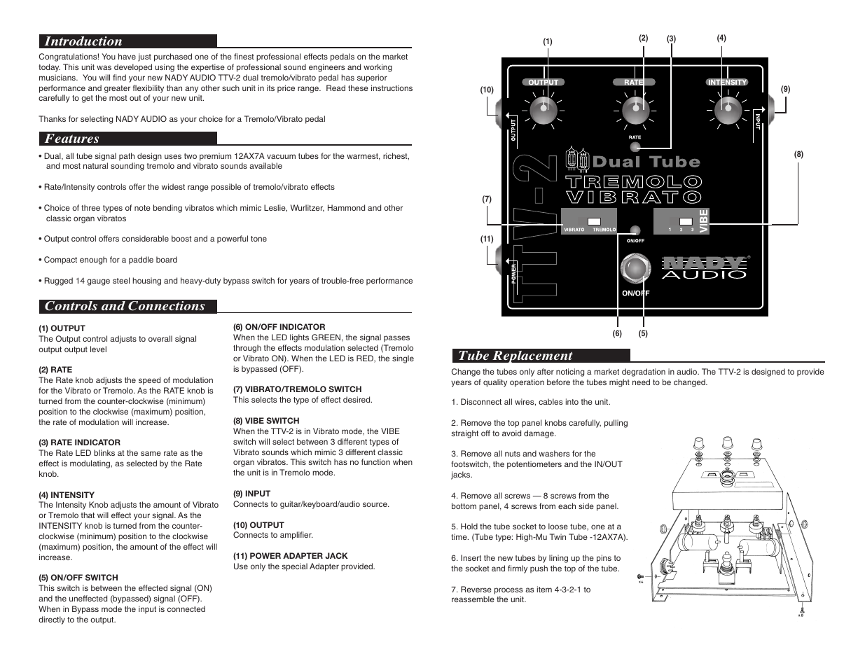 Introduction, Features, Controls and connections | Tube replacement | Nady Systems TTV-2 User Manual | Page 2 / 2