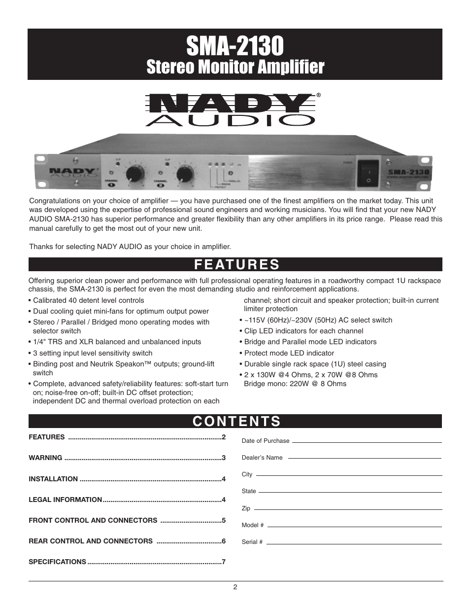 Sma-2130, Stereo monitor amplifier | Nady Systems SMA-2130 User Manual | Page 2 / 8