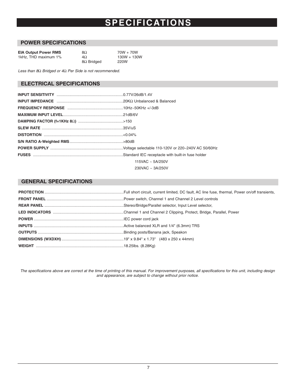 Power specifications, Electrical specifications general specifications | Nady Systems SMA-2130 User Manual | Page 7 / 8