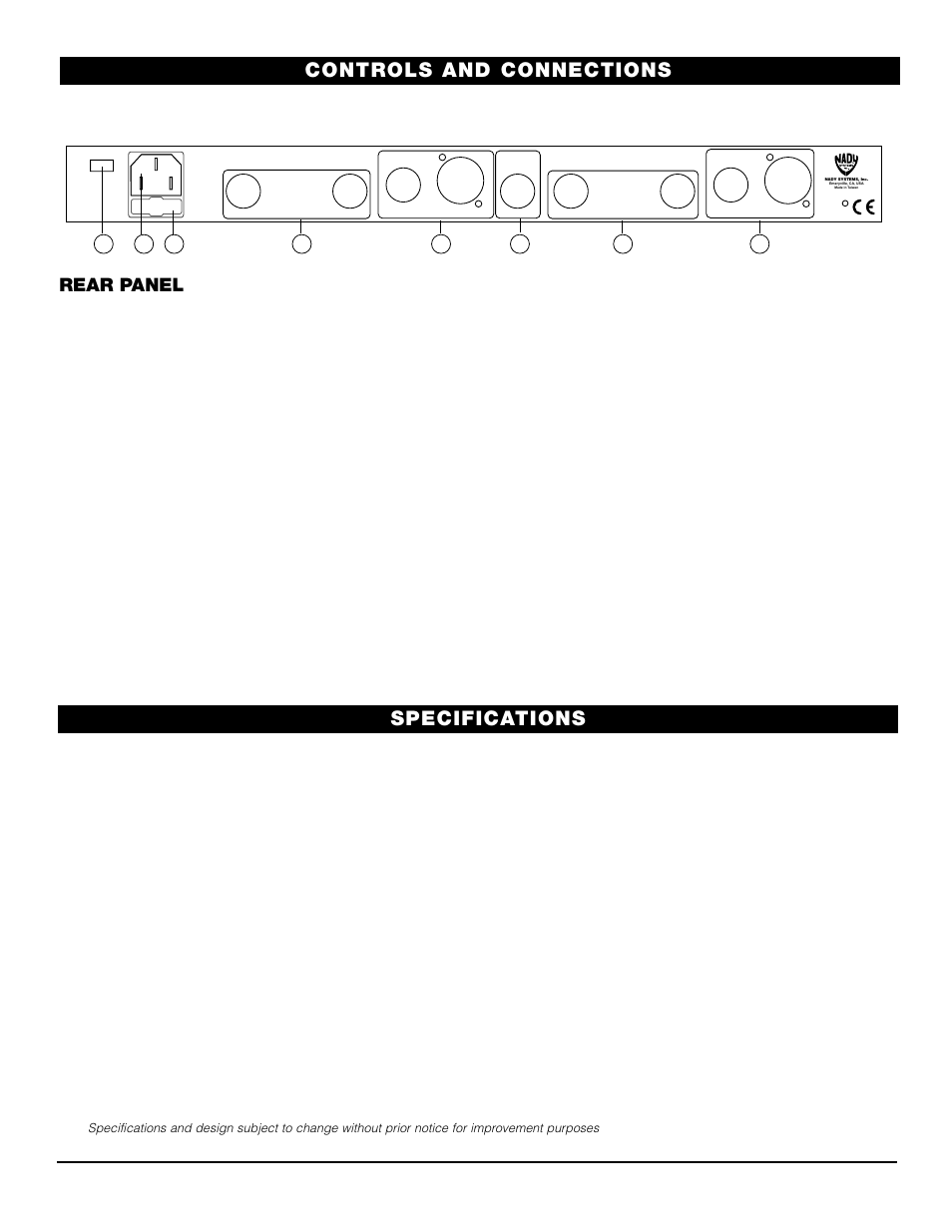 Controls and connections specifications, Rear panel | Nady Systems CX-22SW User Manual | Page 5 / 7