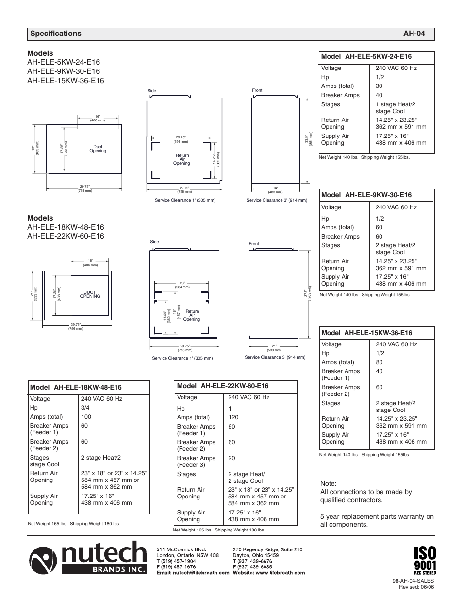 Specifications ah-04 | Lifebreath AH-ELE-15KW-36-E16 User Manual | Page 2 / 2