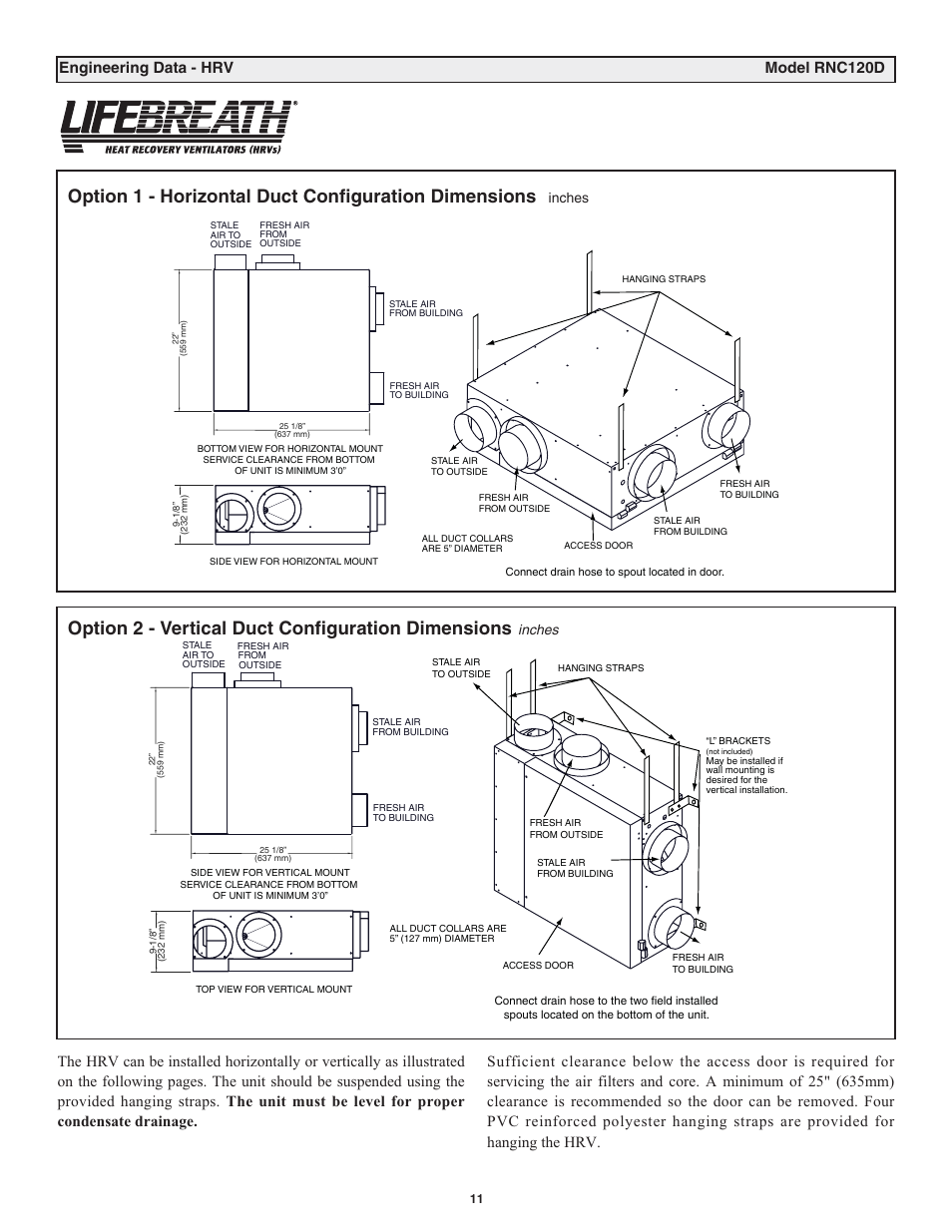 Option 2 - vertical duct configuration dimensions, Engineering data - hrv model rnc120d, Inches | Lifebreath RNC120D User Manual | Page 11 / 36