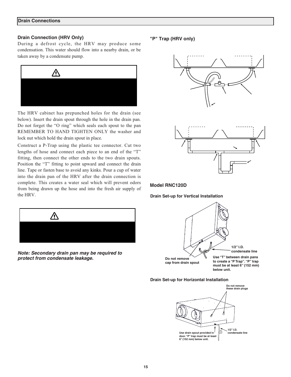 Caution, P" trap (hrv only) model rnc120d | Lifebreath RNC120D User Manual | Page 15 / 36