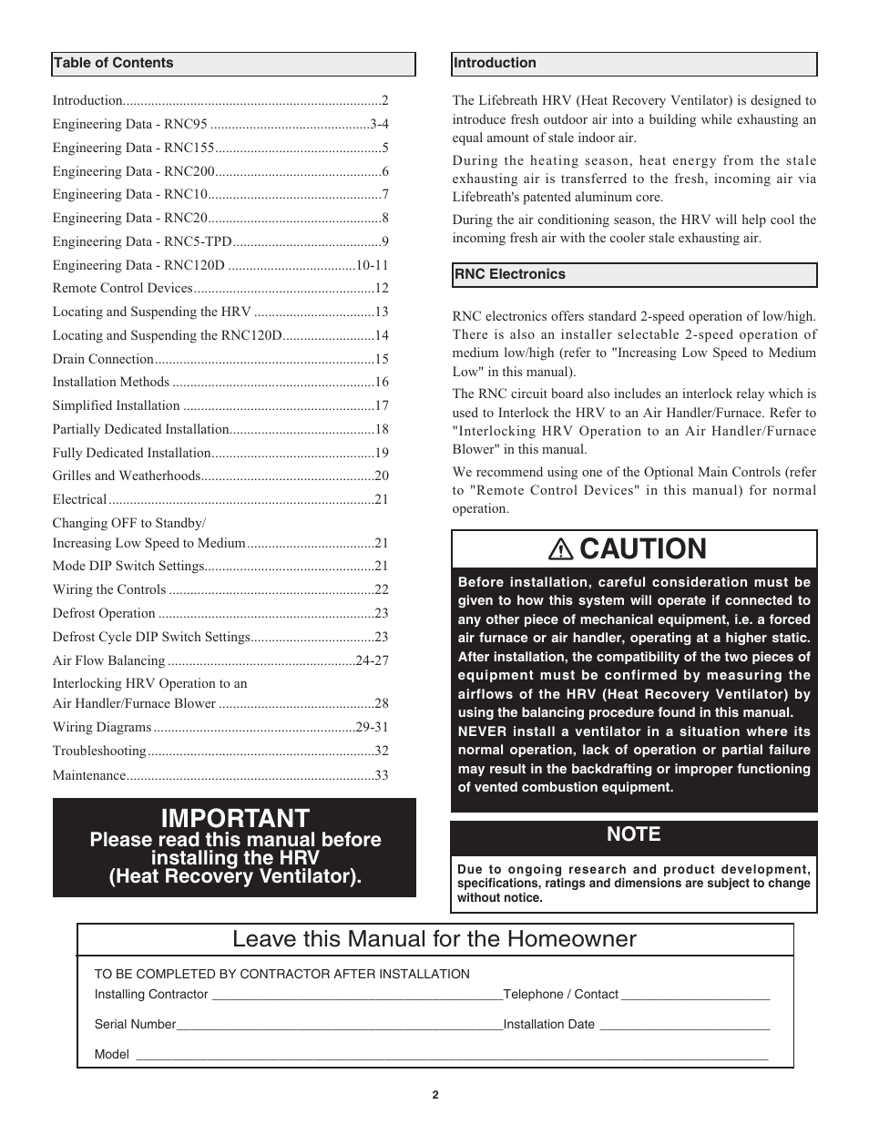 Caution, Important, Leave this manual for the homeowner | Lifebreath RNC120D User Manual | Page 2 / 36