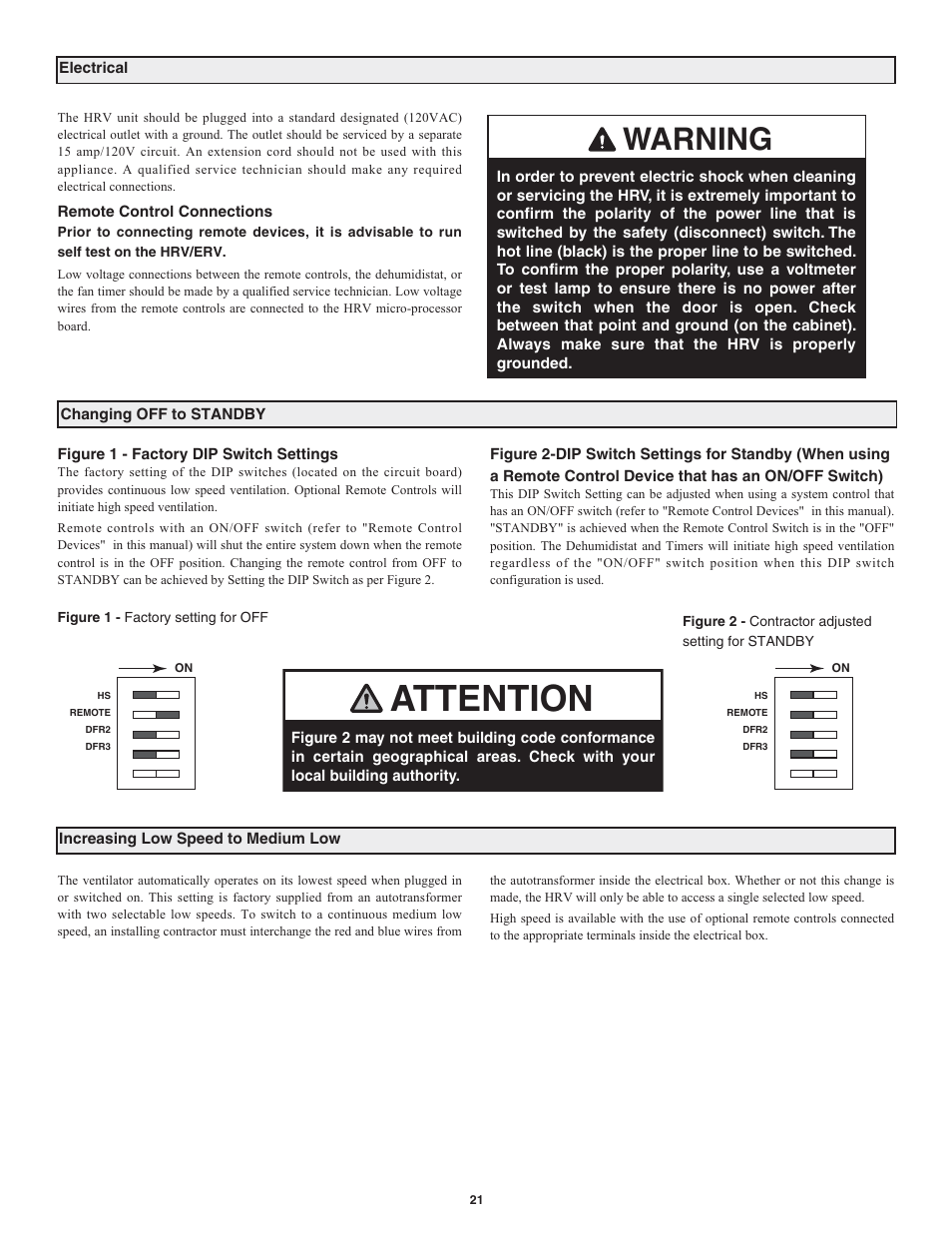 Attention, Warning | Lifebreath RNC120D User Manual | Page 21 / 36