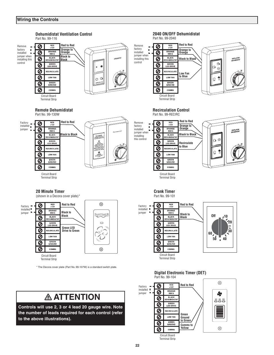Attention, Wiring the controls | Lifebreath RNC120D User Manual | Page 22 / 36