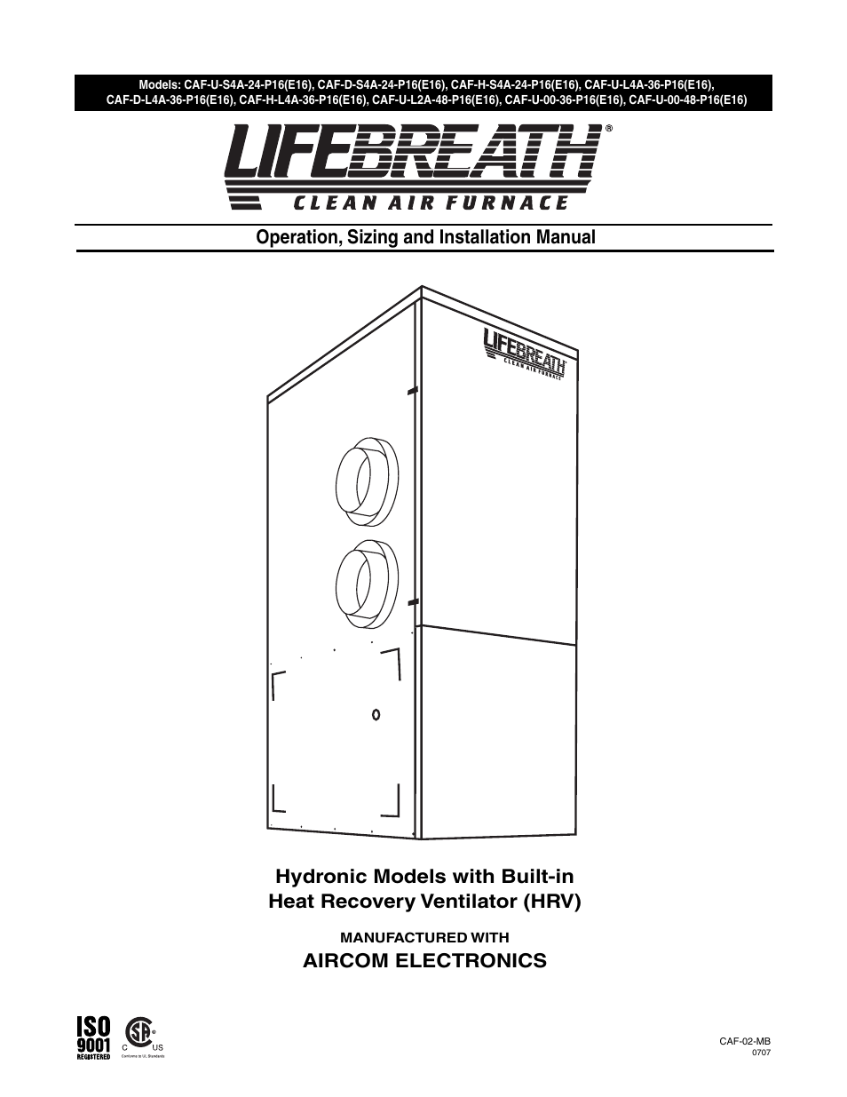Lifebreath Clean Air Furnace CAF-02-MB User Manual | 48 pages