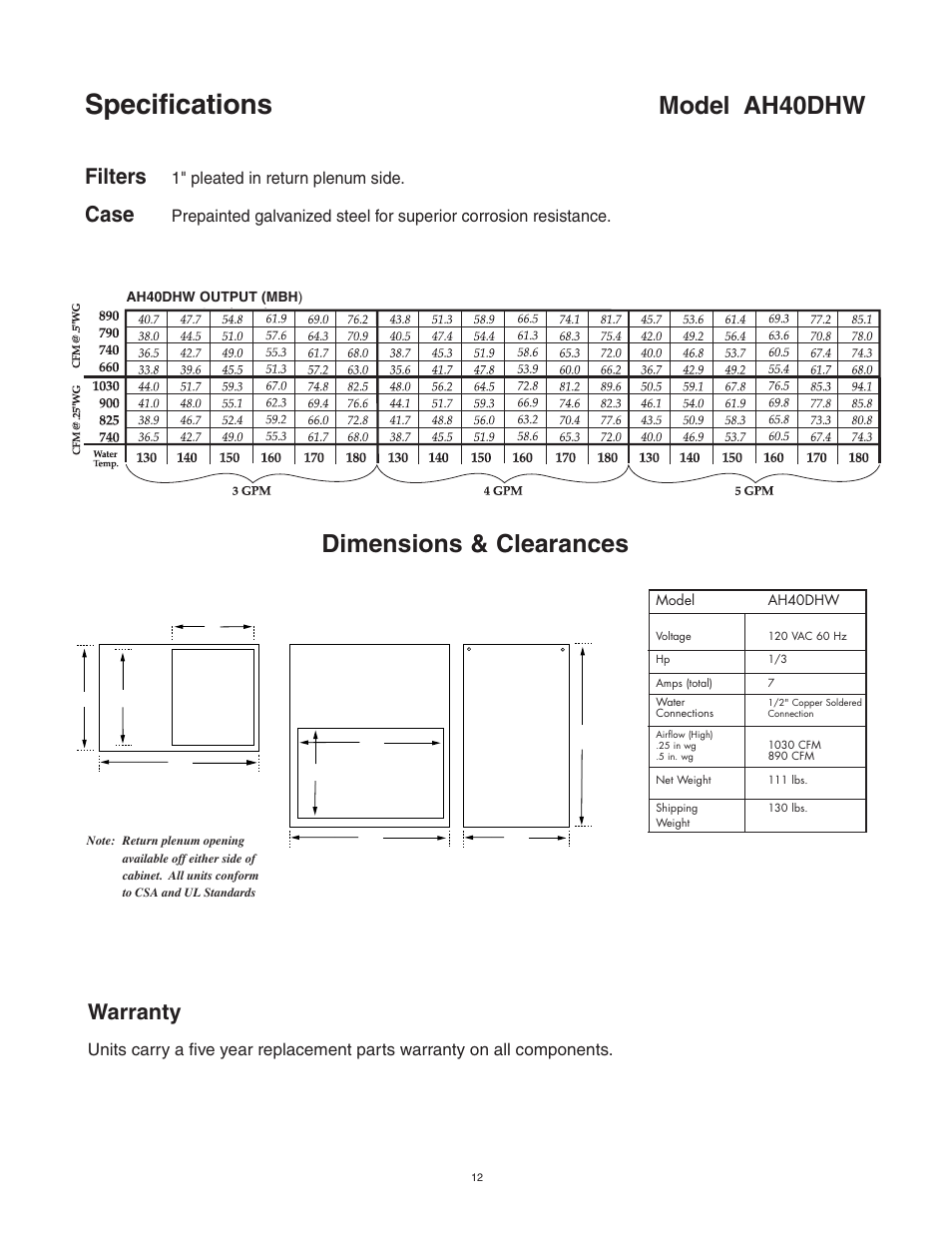 Specifications, Model ah40dhw, Dimensions & clearances | Warranty, Filters, Case, 1" pleated in return plenum side | Lifebreath AH80BHW User Manual | Page 12 / 32