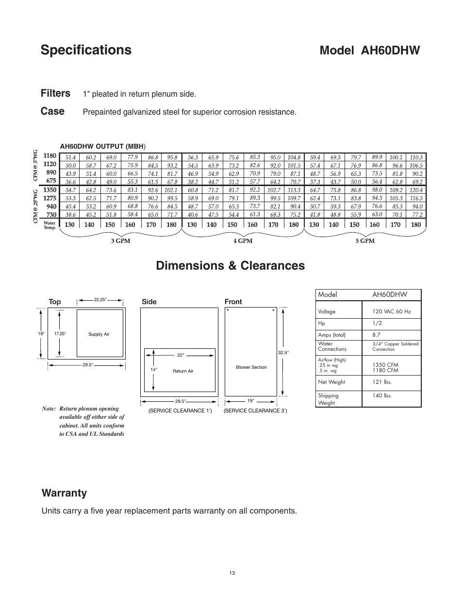 Specifications, Model ah60dhw, Dimensions & clearances | Warranty, Filters, Case, 1" pleated in return plenum side | Lifebreath AH80BHW User Manual | Page 13 / 32