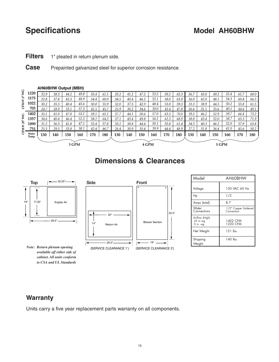Specifications, Model ah60bhw, Dimensions & clearances | Warranty, Filters, Case, 1" pleated in return plenum side | Lifebreath AH80BHW User Manual | Page 15 / 32