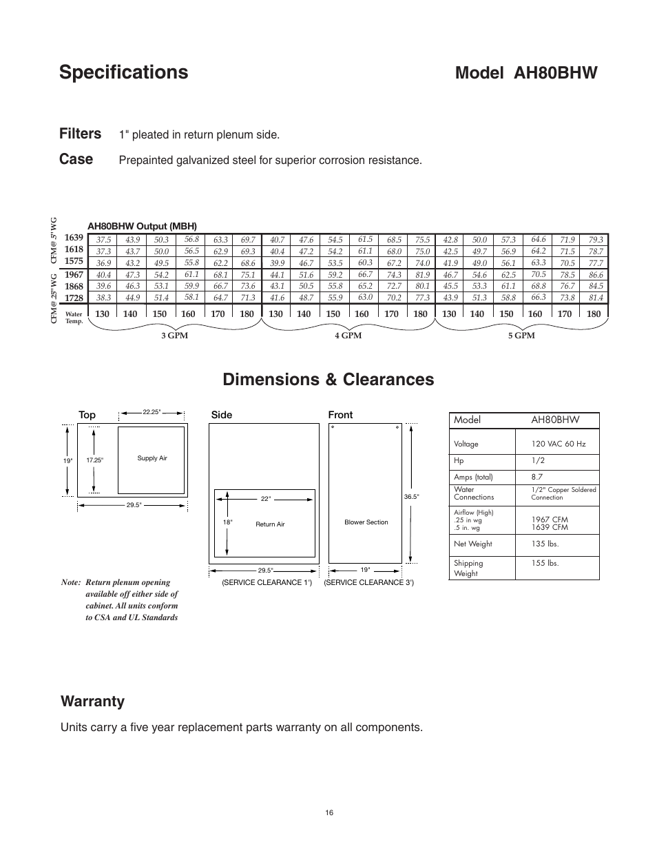 Specifications, Model ah80bhw, Dimensions & clearances | Warranty, Filters, Case, 1" pleated in return plenum side | Lifebreath AH80BHW User Manual | Page 16 / 32