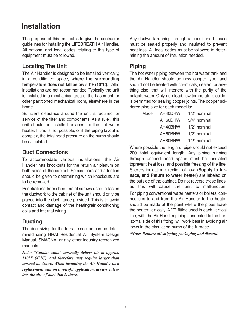Installation | Lifebreath AH80BHW User Manual | Page 17 / 32