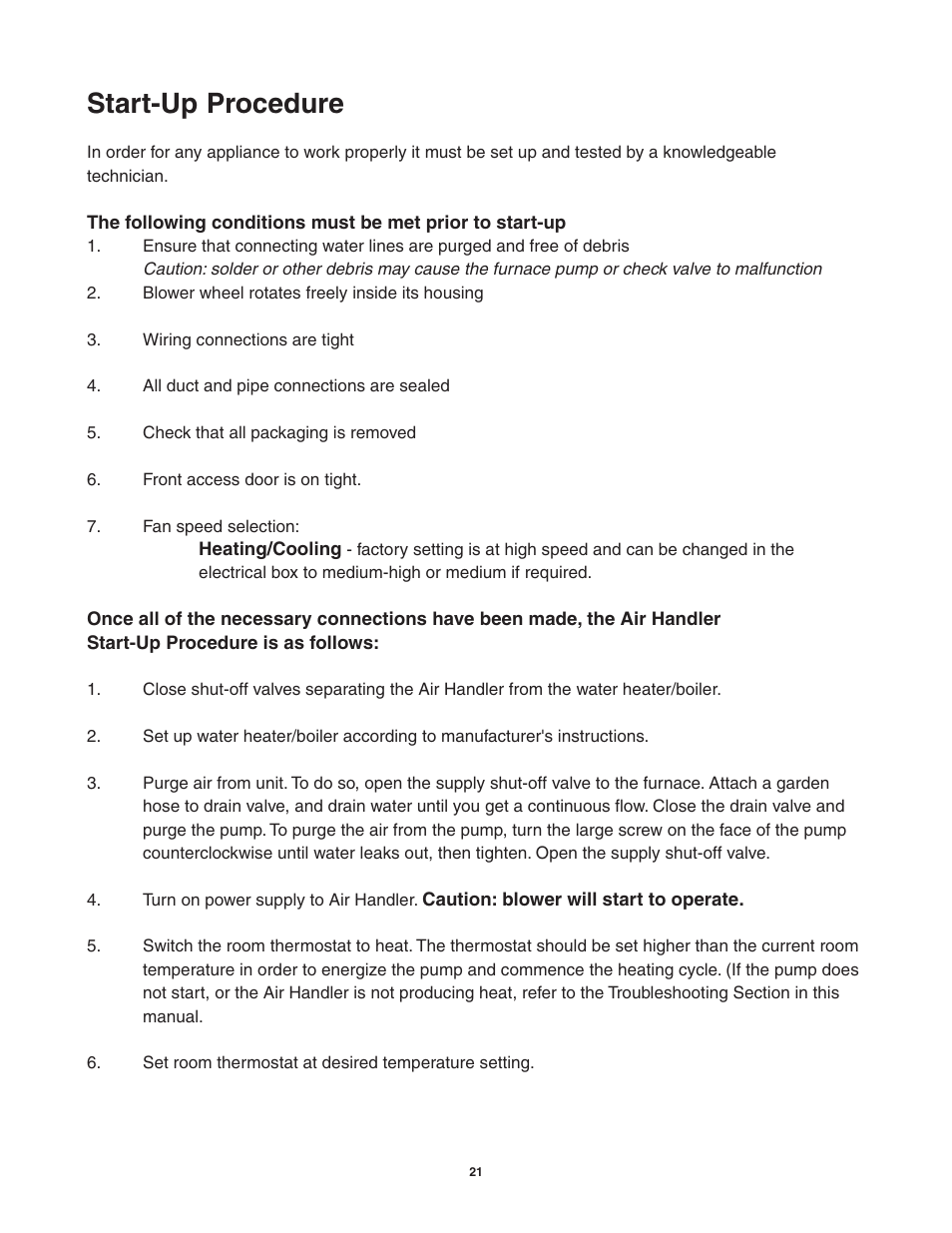 Start-up procedure | Lifebreath AH80BHW User Manual | Page 21 / 32