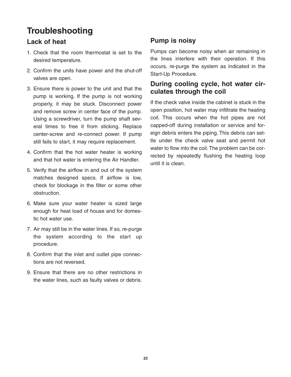 Troubleshooting, Lack of heat, Pump is noisy | Lifebreath AH80BHW User Manual | Page 23 / 32