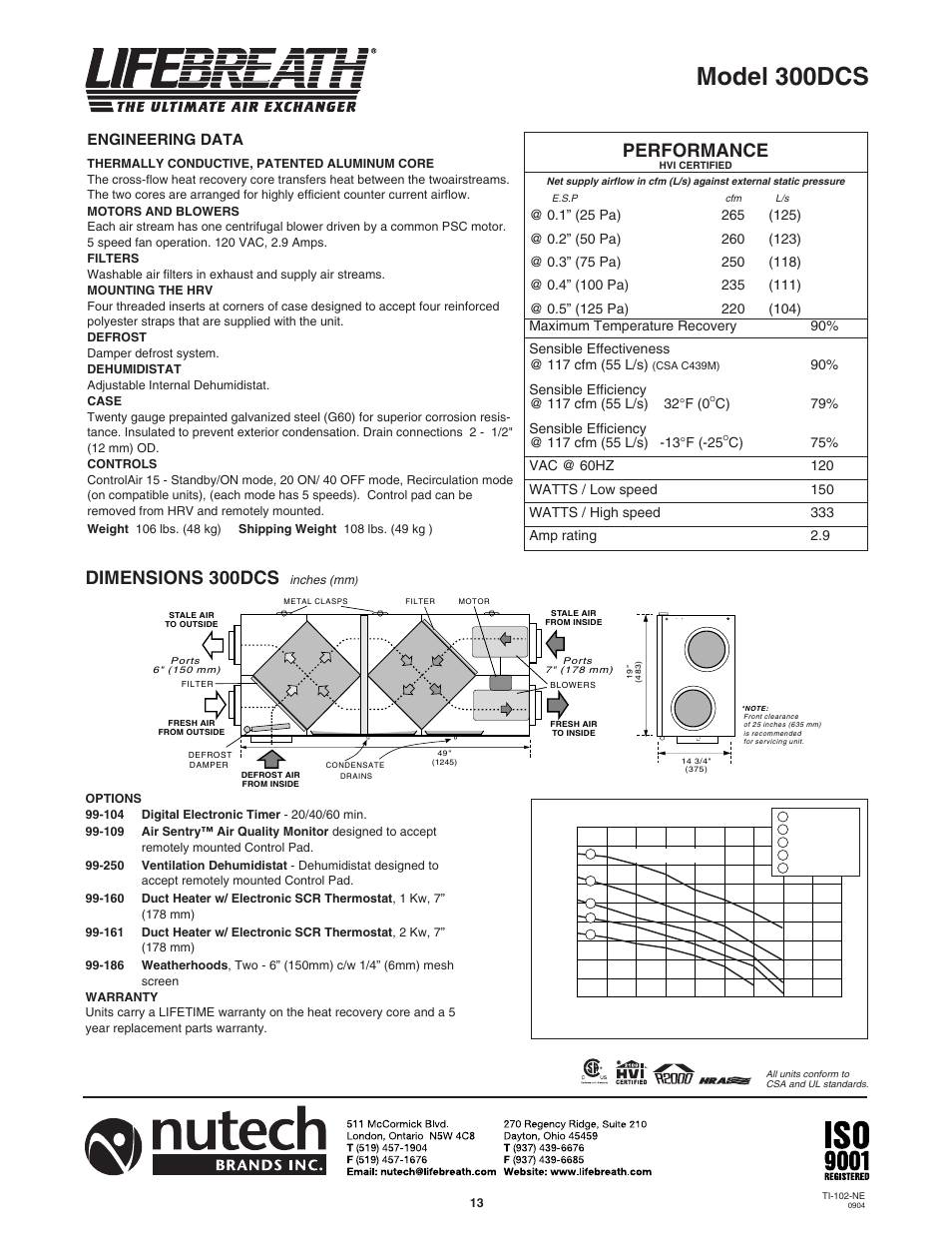 Model 300dcs, Performance, Dimensions 300dcs | Engineering data | Lifebreath 200MAX RX  EN User Manual | Page 13 / 36