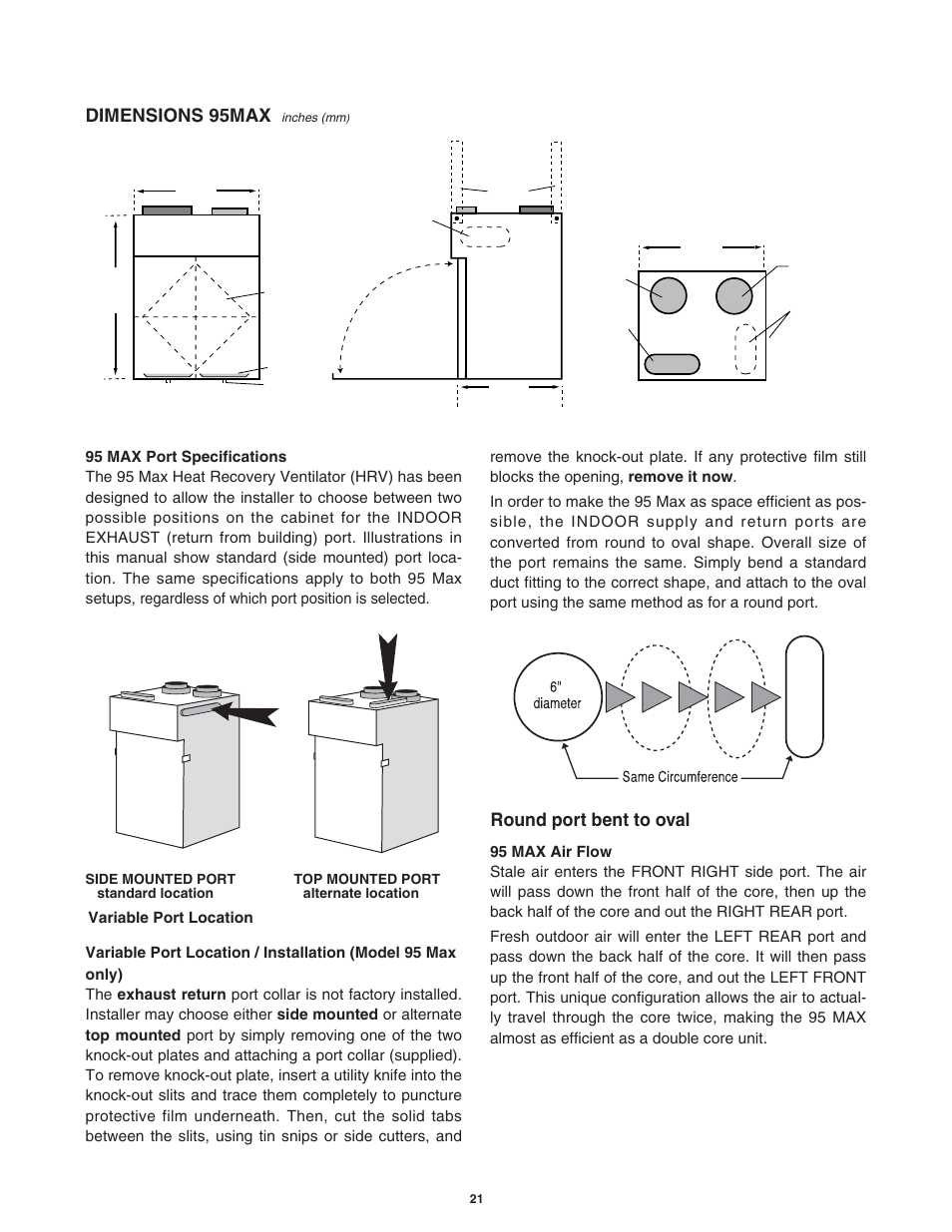 Round port bent to oval dimensions 95max, Variable port location, Front top | Side | Lifebreath 200MAX RX  EN User Manual | Page 21 / 36