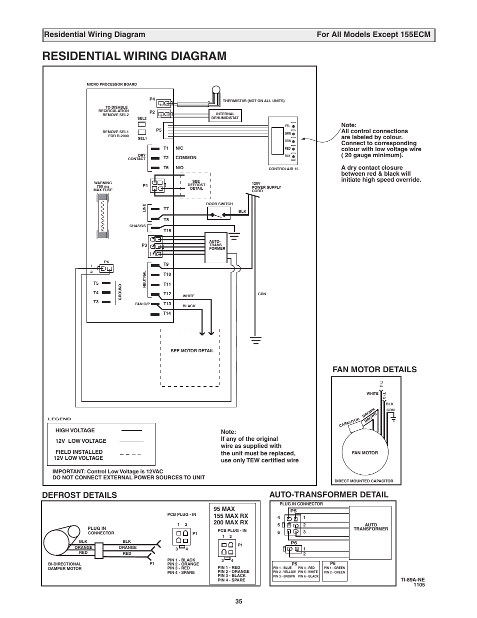 Residential wiring diagram, Fan motor details, Auto-transformer detail | Defrost details | Lifebreath 200MAX RX  EN User Manual | Page 35 / 36