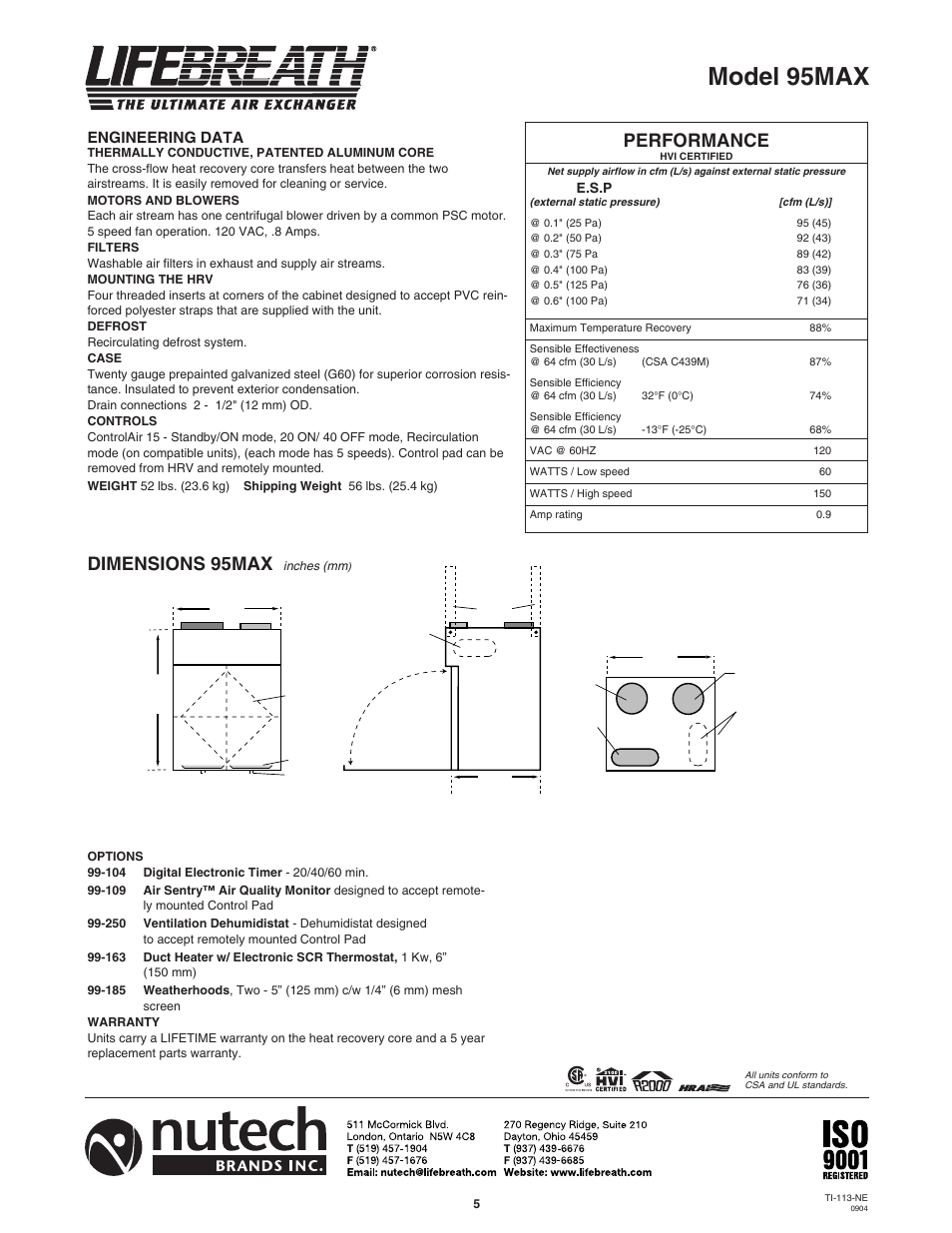 Model 95max, Dimensions 95max, Performance | Engineering data, E.s.p | Lifebreath 200MAX RX  EN User Manual | Page 5 / 36