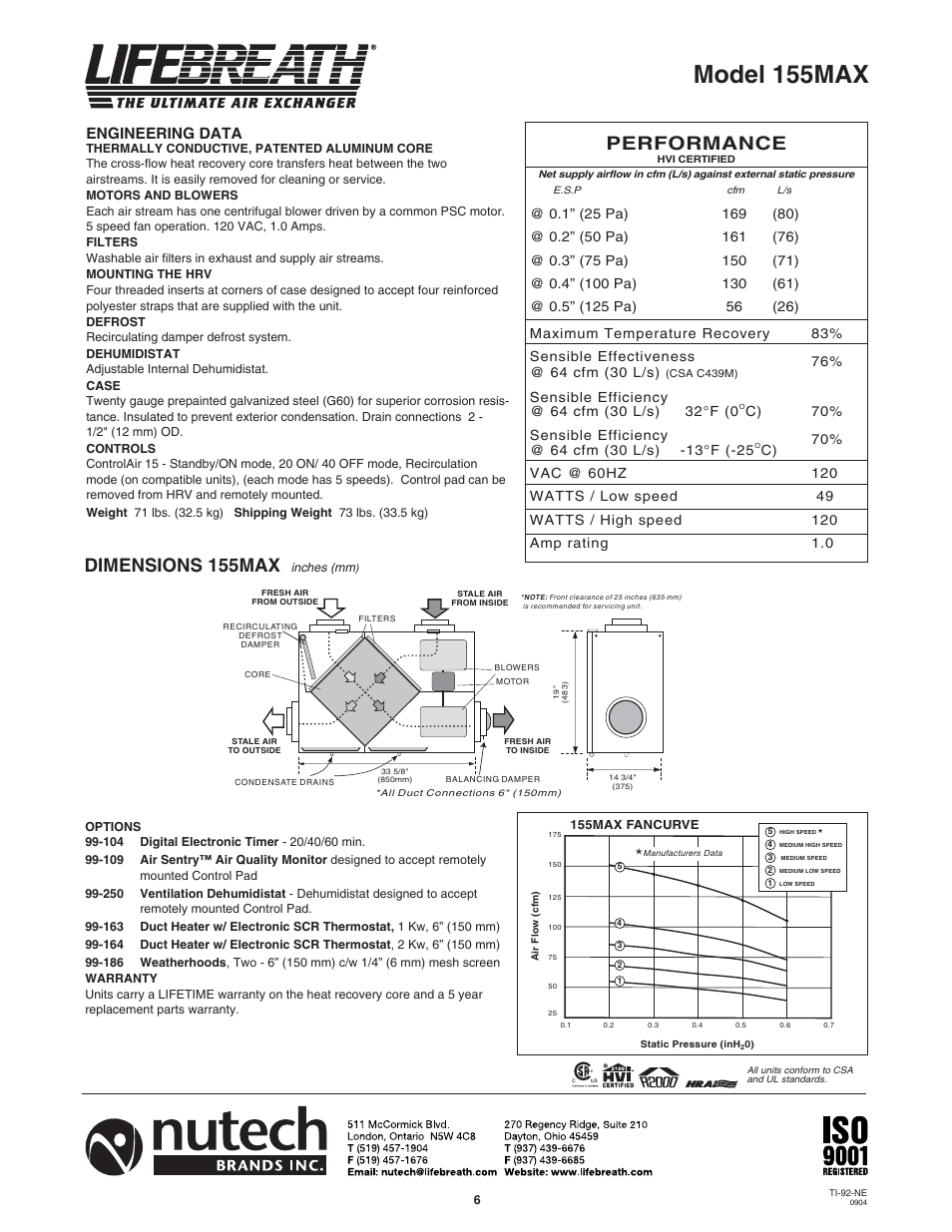 Model 155max, Performance, Dimensions 155max | Engineering data | Lifebreath 200MAX RX  EN User Manual | Page 6 / 36