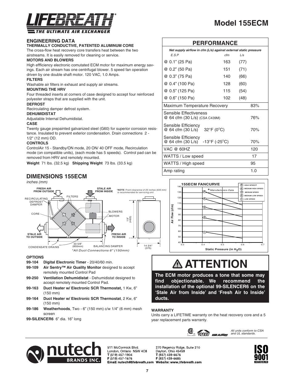 Attention, Model 155ecm, Performance | Dimensions 155ecm, Engineering data | Lifebreath 200MAX RX  EN User Manual | Page 7 / 36
