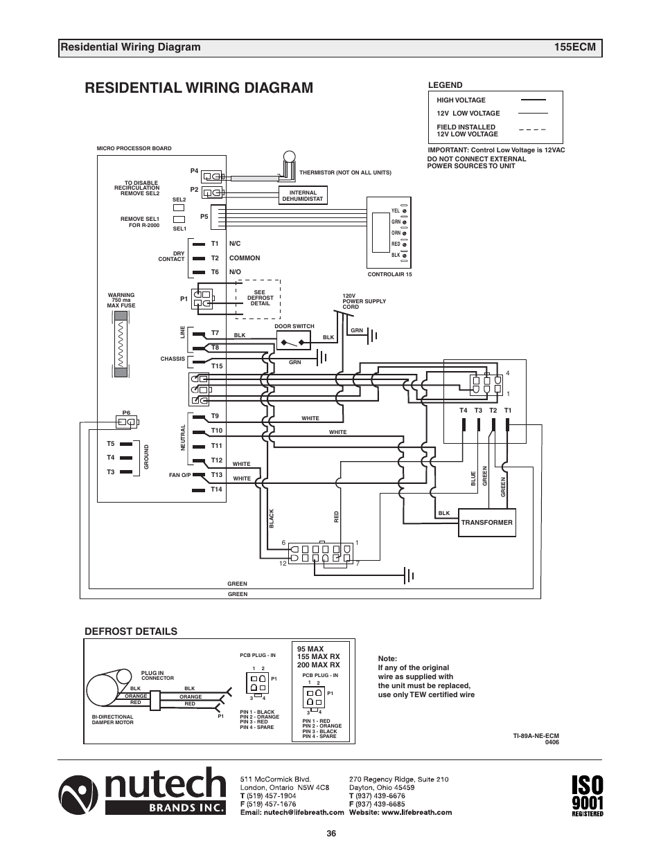 Residential wiring diagram, Residential wiring diagram 155ecm, Defrost details | Lifebreath MAXTOP User Manual | Page 36 / 36