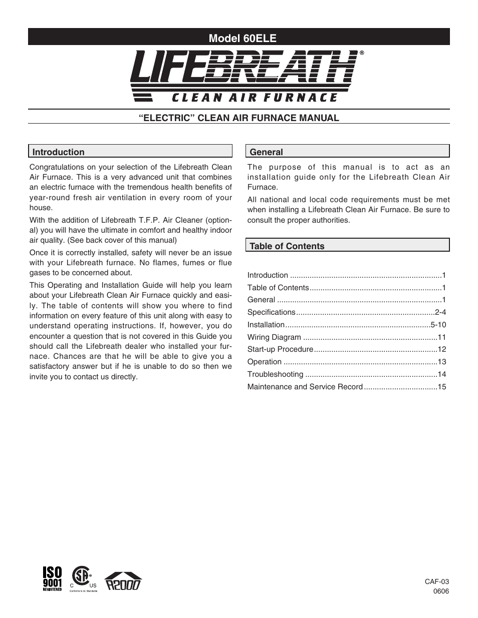 Lifebreath CLEAN AIR FURNACE 60ELE User Manual | 16 pages
