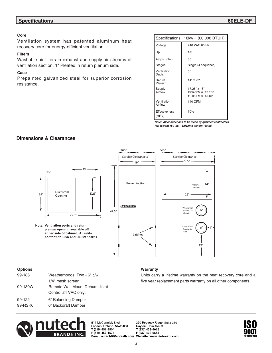 Dimensions & clearances, Specifications 60ele-df | Lifebreath CLEAN AIR FURNACE 60ELE User Manual | Page 3 / 16