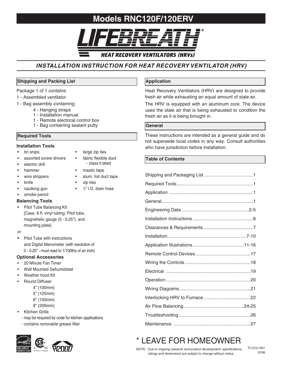 Lifebreath RNC120F User Manual | 28 pages