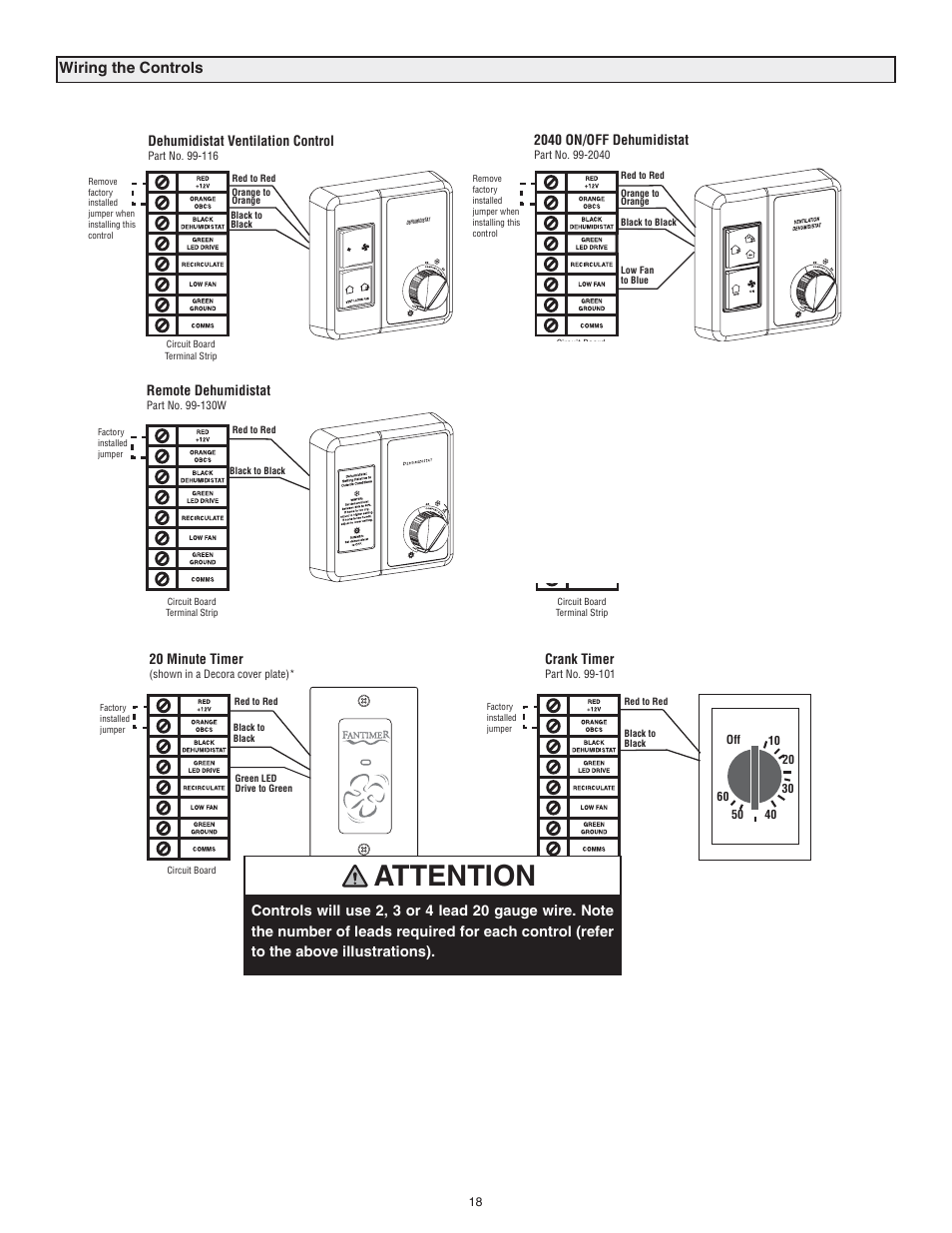 Attention, Wiring the controls, Dehumidistat ventilation control | 20 minute timer, Remote dehumidistat, 2040 on/off dehumidistat, Crank timer, Recirculation control | Lifebreath RNC120F User Manual | Page 18 / 28