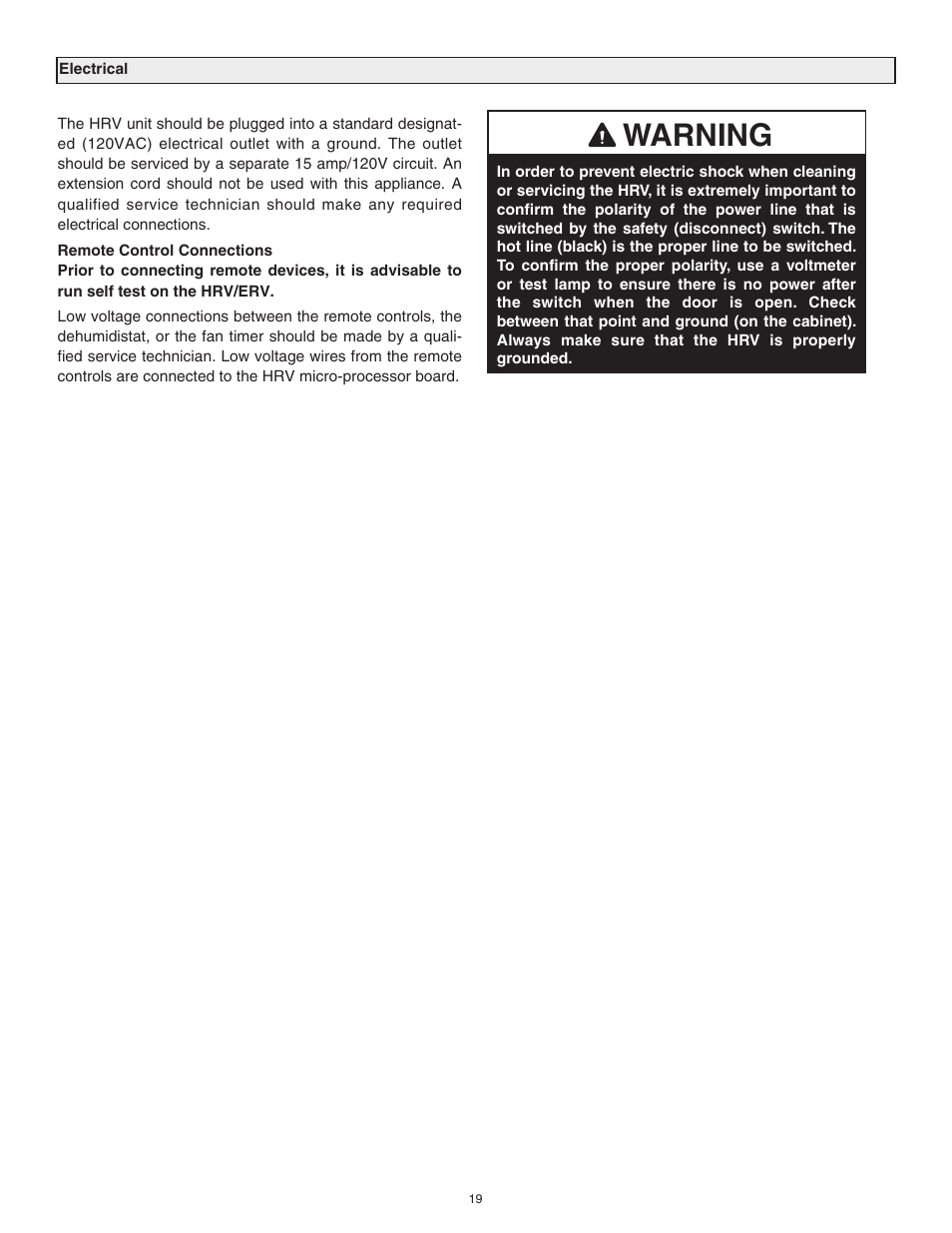 Warning | Lifebreath RNC120F User Manual | Page 19 / 28
