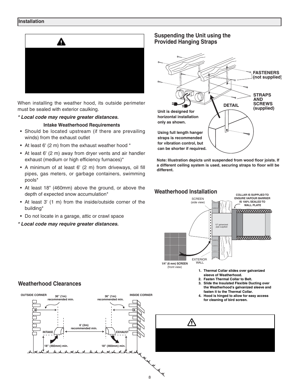 Caution, Weatherhood clearances, Weatherhood installation | Lifebreath RNC120F User Manual | Page 8 / 28