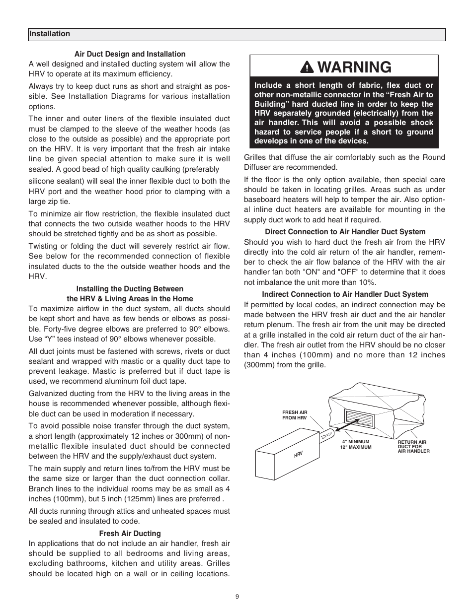 Warning | Lifebreath RNC120F User Manual | Page 9 / 28