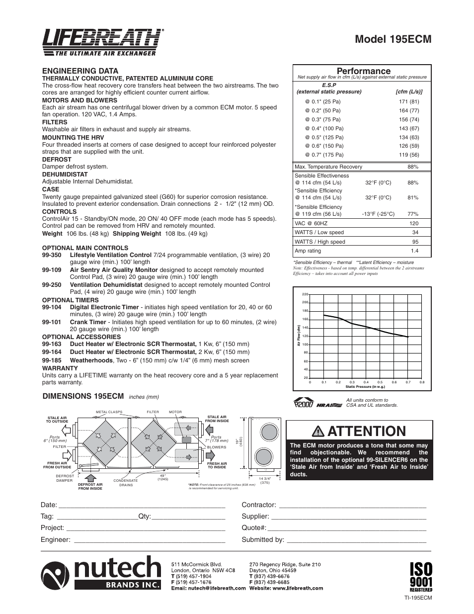 Lifebreath 195ECM User Manual | 1 page