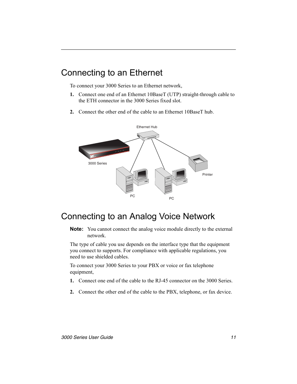 Connecting to an ethernet, Connecting to an analog voice network, Analog voice module | Ethernet, Isdn module, Analog voice network | Nx Networks 3000 User Manual | Page 25 / 84