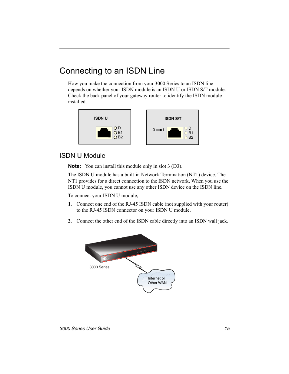 Connecting to an isdn line, Isdn u module, Isdn | Nx Networks 3000 User Manual | Page 29 / 84