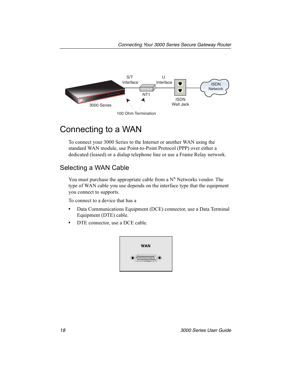 Connecting to a wan, Selecting a wan cable, Selecting a | Wan cable, Wan module | Nx Networks 3000 User Manual | Page 32 / 84