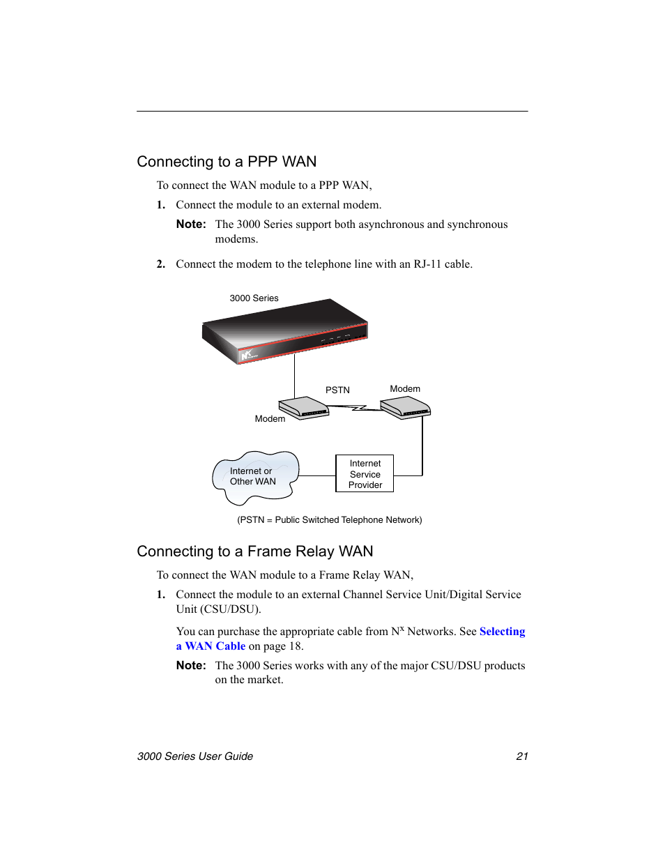 Connecting to a ppp wan, Connecting to a frame relay wan | Nx Networks 3000 User Manual | Page 35 / 84