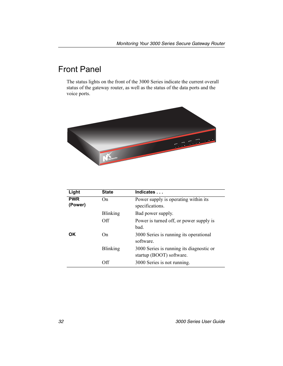 Front panel, 3000 series, Light state indicates . . . pwr (power) | Nx Networks 3000 User Manual | Page 46 / 84