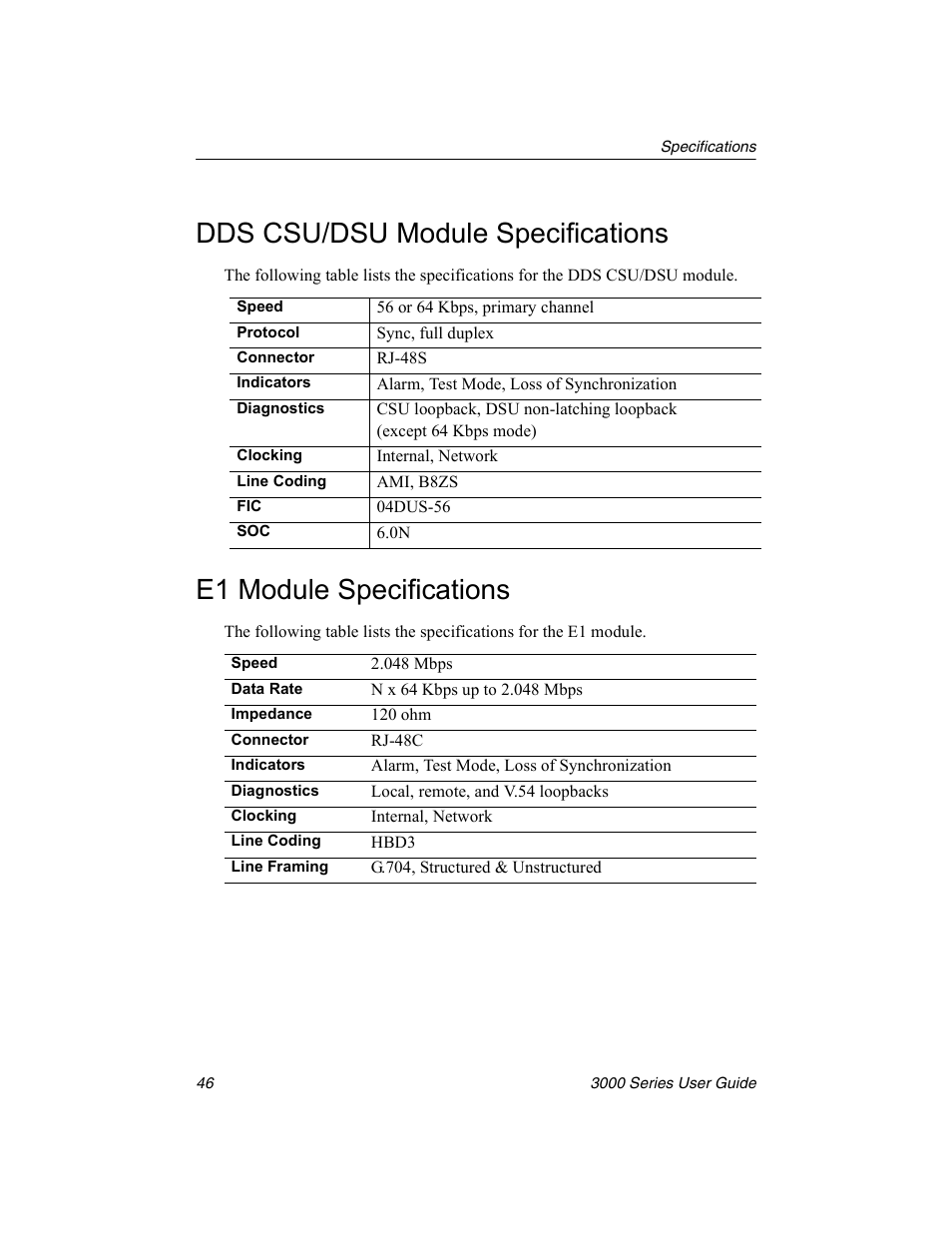 Dds csu/dsu module specifications, E1 module specifications | Nx Networks 3000 User Manual | Page 60 / 84