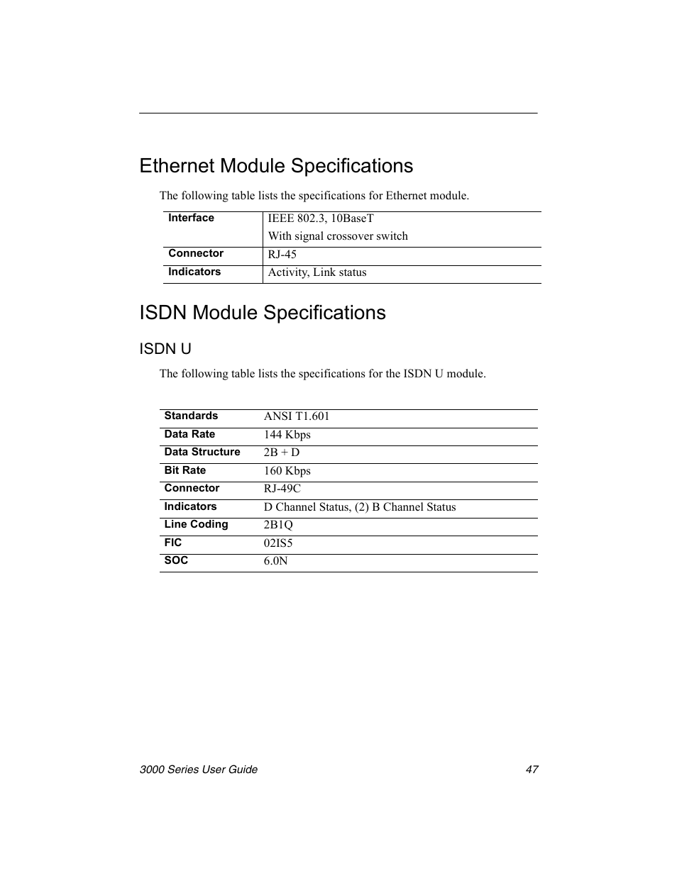 Ethernet module specifications, Isdn module specifications, Isdn u | Nx Networks 3000 User Manual | Page 61 / 84