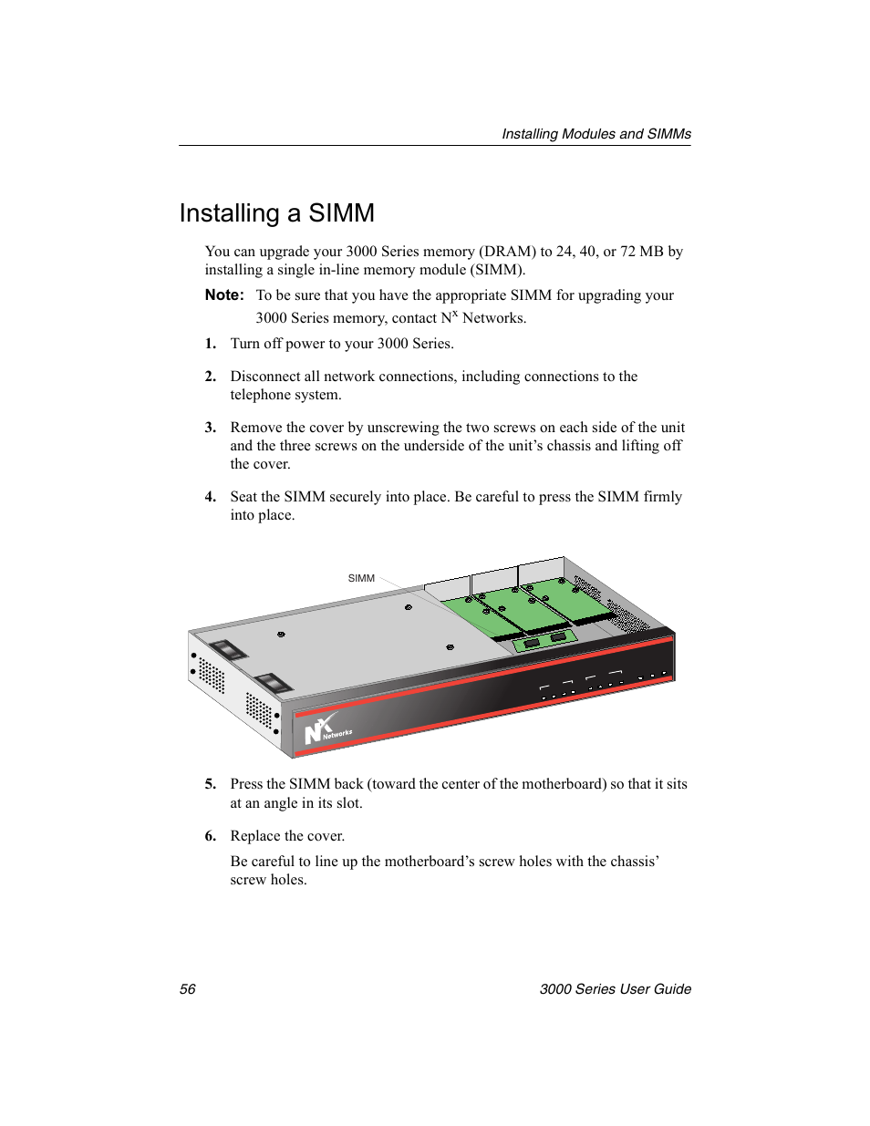 Installing a simm, 3000 series | Nx Networks 3000 User Manual | Page 70 / 84