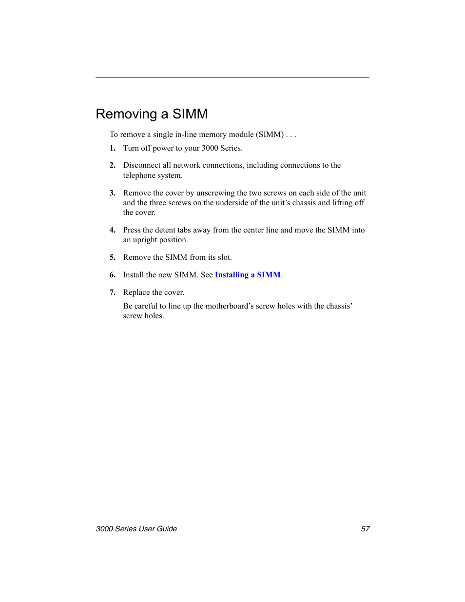 Removing a simm | Nx Networks 3000 User Manual | Page 71 / 84