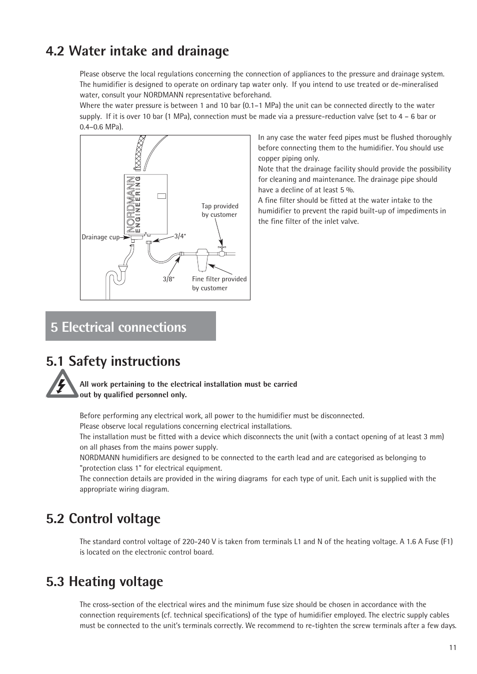 2 water intake and drainage, 1 safety instructions, 2 control voltage | 3 heating voltage, 5 electrical connections | Nordmende 2401935EN0801 User Manual | Page 11 / 16