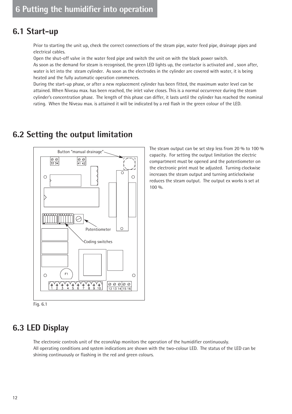 1 start-up, 2 setting the output limitation, 3 led display | 6 putting the humidifier into operation | Nordmende 2401935EN0801 User Manual | Page 12 / 16