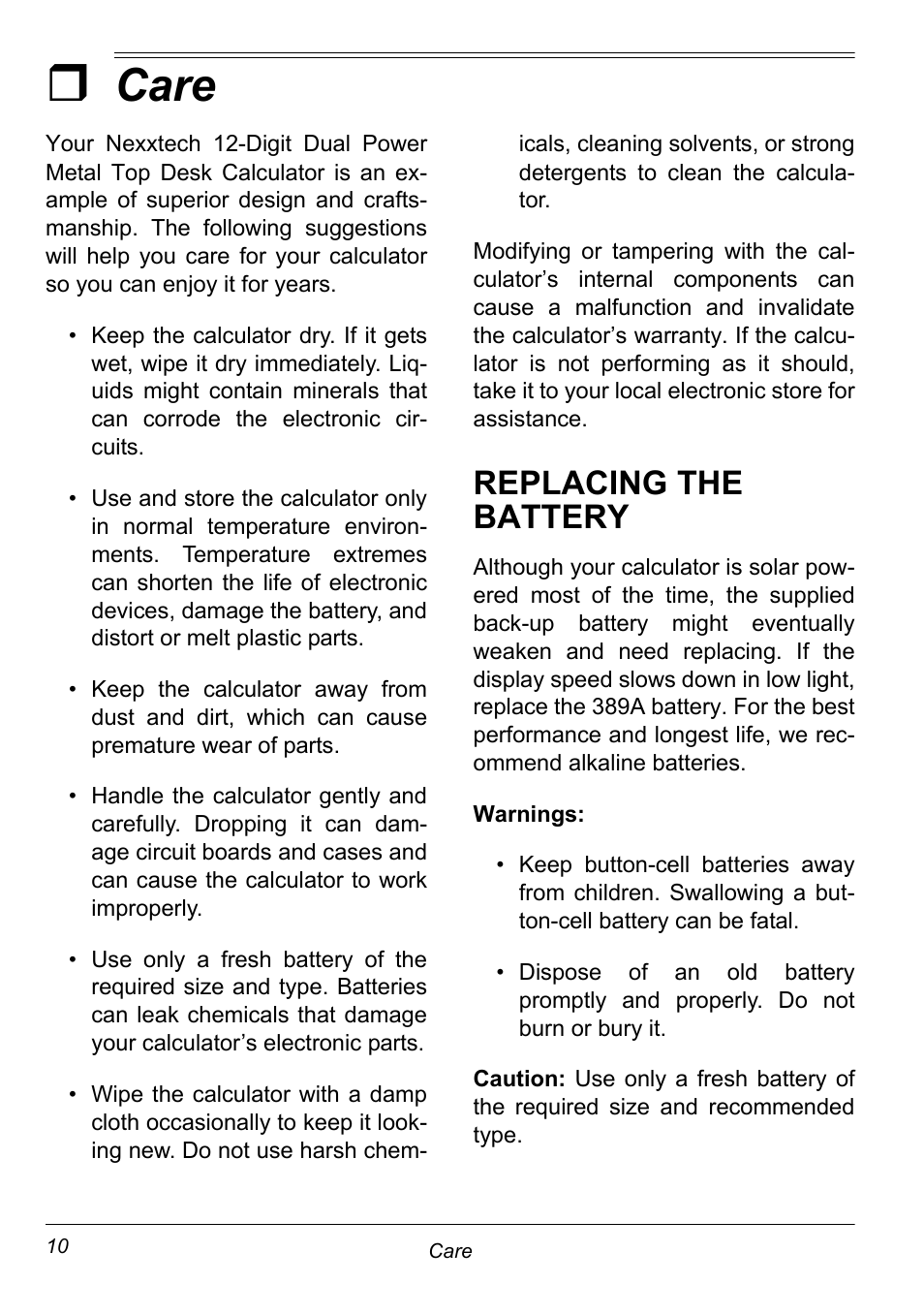 Care, Replacing the battery | NexxTech 6500542 User Manual | Page 10 / 12