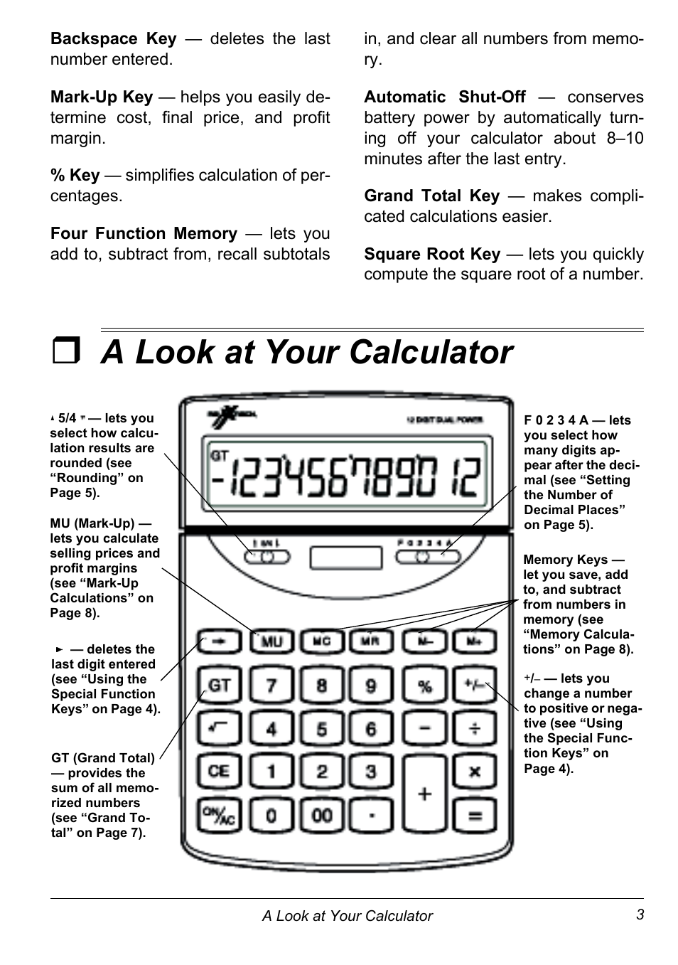 A look at your calculator, A look at y our calculator | NexxTech 6500542 User Manual | Page 3 / 12